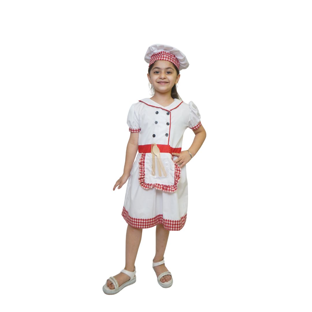 Chef Costume, Our Helper Costume-Red-White, for  Girls