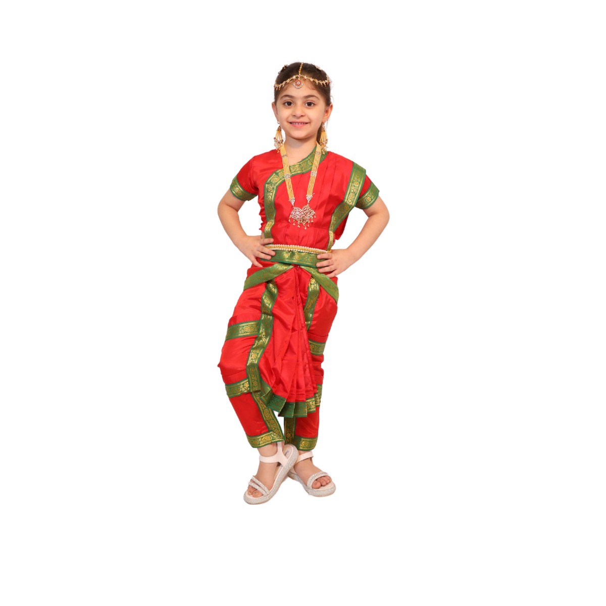 Bharatnatyam Dress for Kids with Jewellery Set For Dance Costume Outfit with Accessories