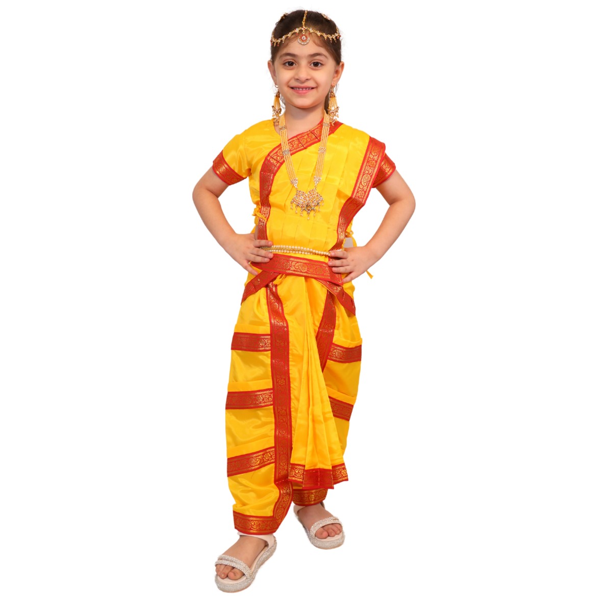 Bharatnatyam Dress for Kids with Jewellery Set For Dance Costume Outfit with Accessories
