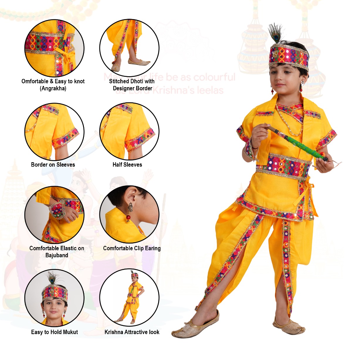 Krishna Gopalji Costume for kids, Mythological Costume/Janmashtmi Celebration/Diwali Functions/ Dussehra  Celebration/School Annual Function/Theme Party/Competition