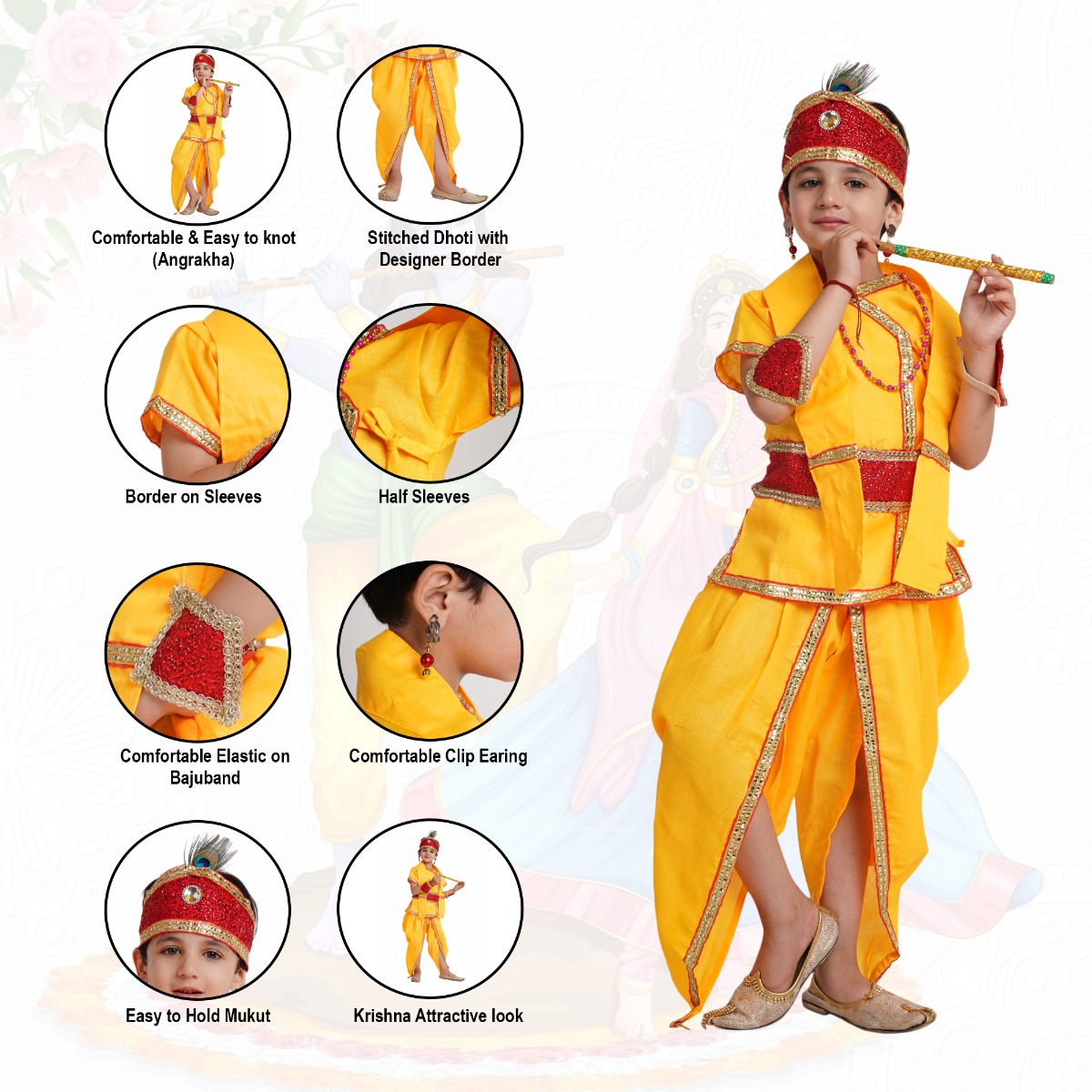 Lord Krishna Costume in Cotton for kids, Mythological Costume/Janmashtmi Celebration/Diwali Functions/ Dussehra  Celebration/School Annual Function/Theme Party/Competition