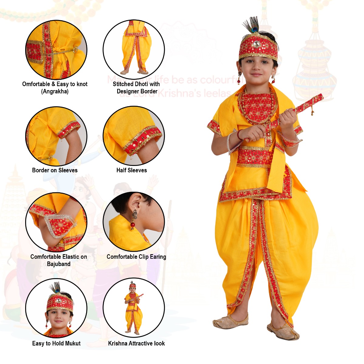 Krishna Natkhat Costume for kids, Mythological Costume/Janmashtmi Celebration/Diwali Functions/ Dussehra  Celebration/School Annual Function/Theme Party/Competition