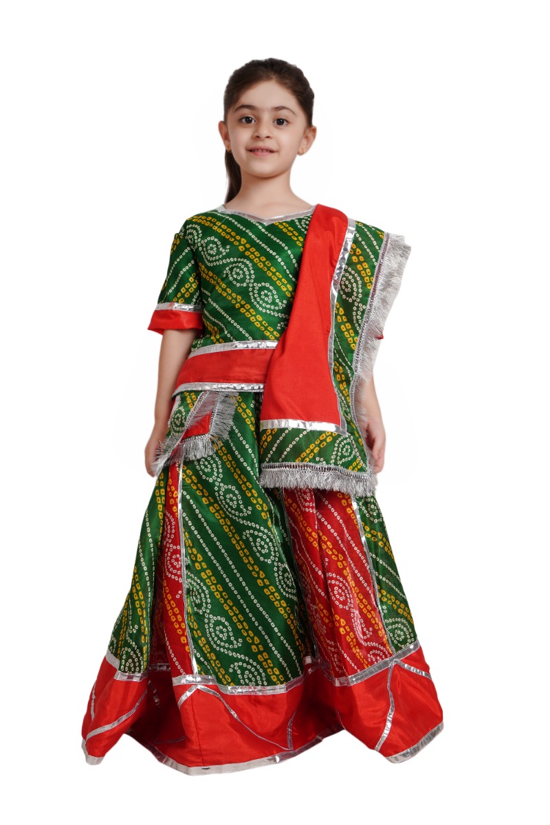 Rajasthani Traditional Lehenga Choli for Kids Red Green Fancy